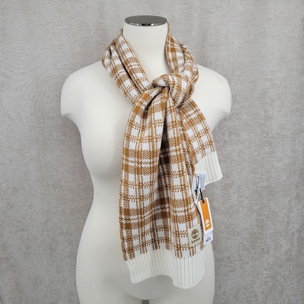 Timberland Scarf Classic Off White Cream and Orangey Tan Plaid NWT Unisex
